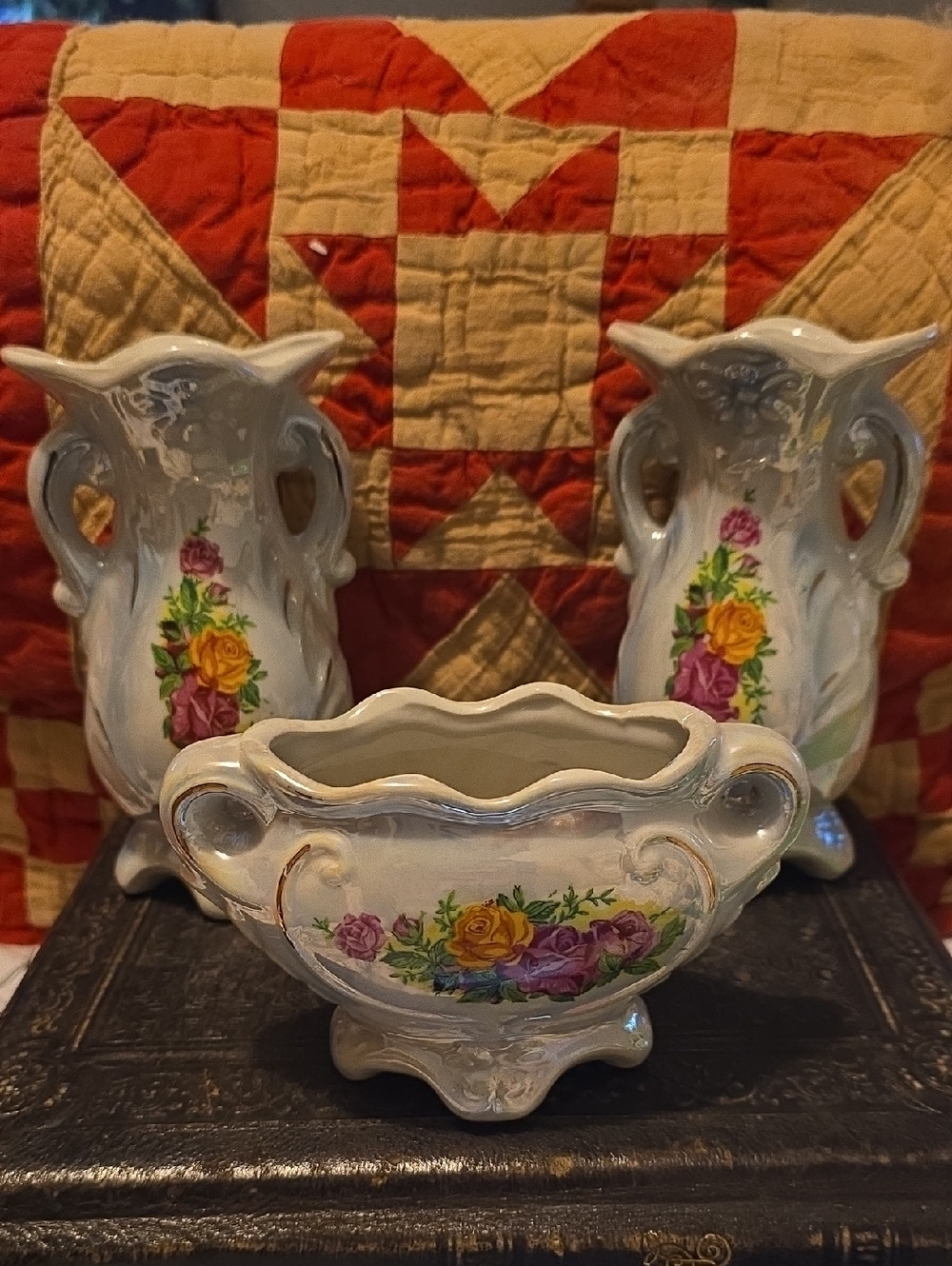 Porcelain Floral Console Vase Set - White with Yellow & Pink Roses